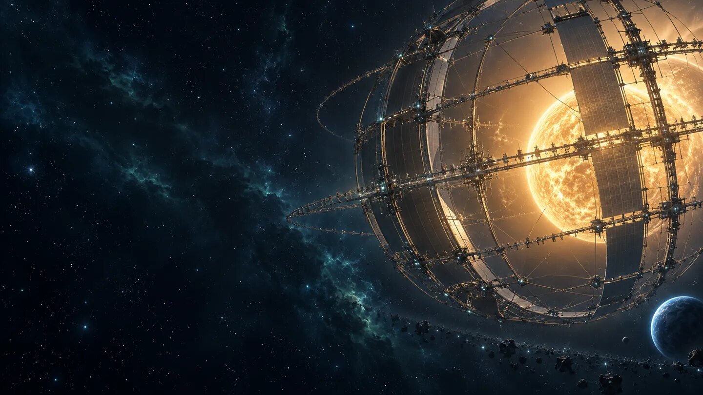 An unfinished Dyson sphere, a lattice of metal rings and solar panels, wrapped around a blazing amber star, with a small blue planet below and a teal nebula across a dark starfield