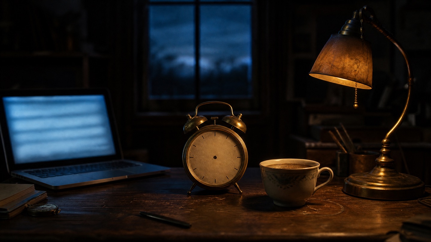 A desk in the hour before dawn: an open laptop glowing blue, a warm brass lamp, a cup of cold tea, and between them an old alarm clock whose face has no hands