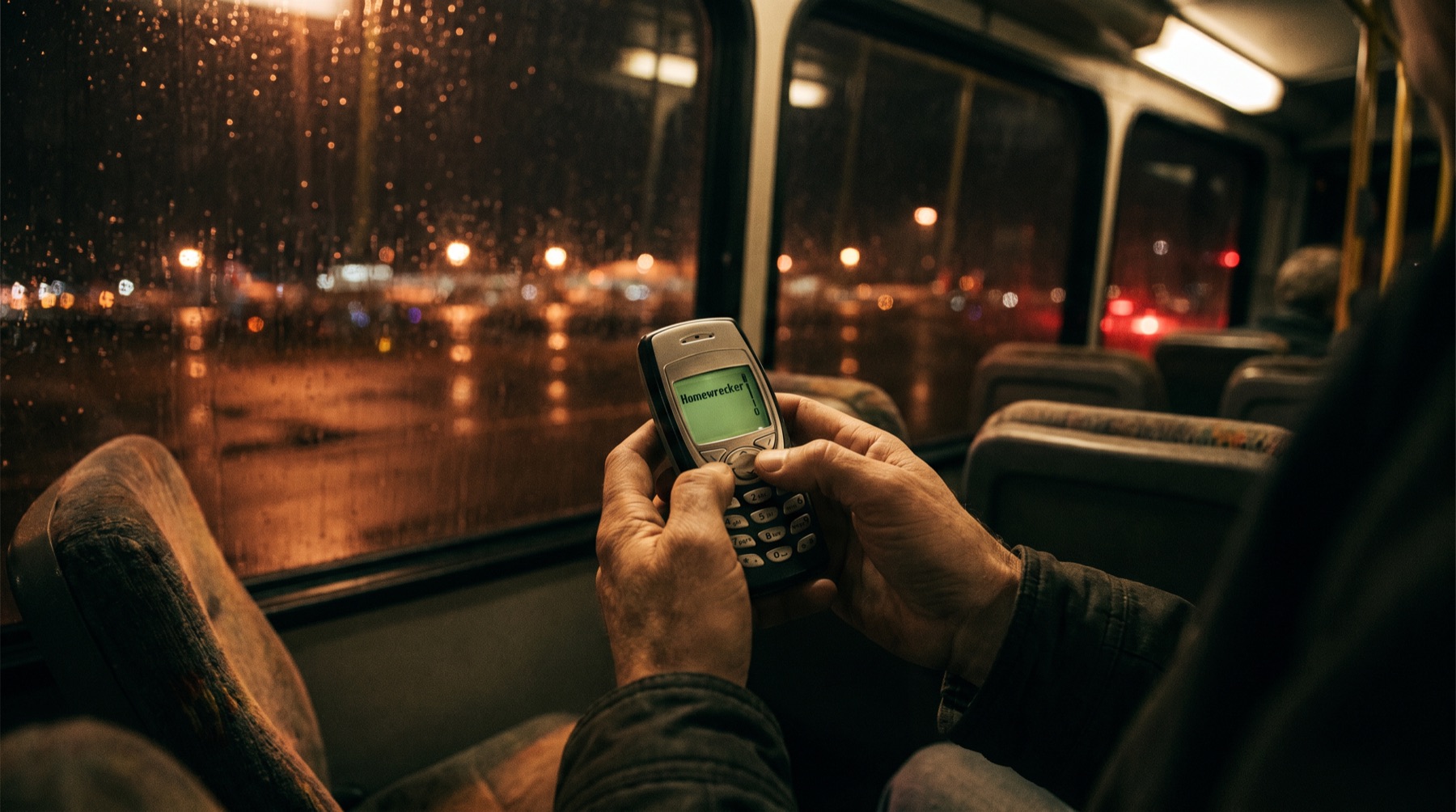 A stranger's hands on a night bus, typing the word "Homewrecker" on an early-2000s mobile phone, rain-streaked airport lights outside the window