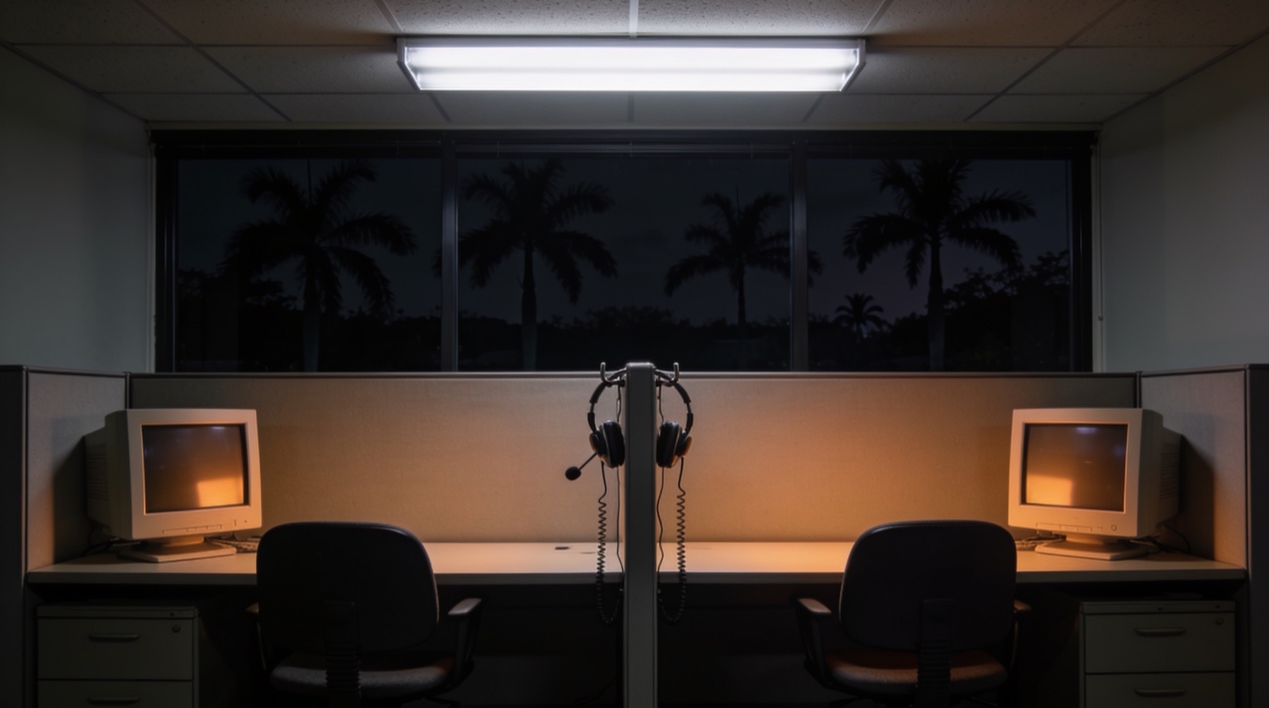 Two empty call-centre desks at night under fluorescent light, headsets hung on their hooks, a dark window with palm silhouettes beyond