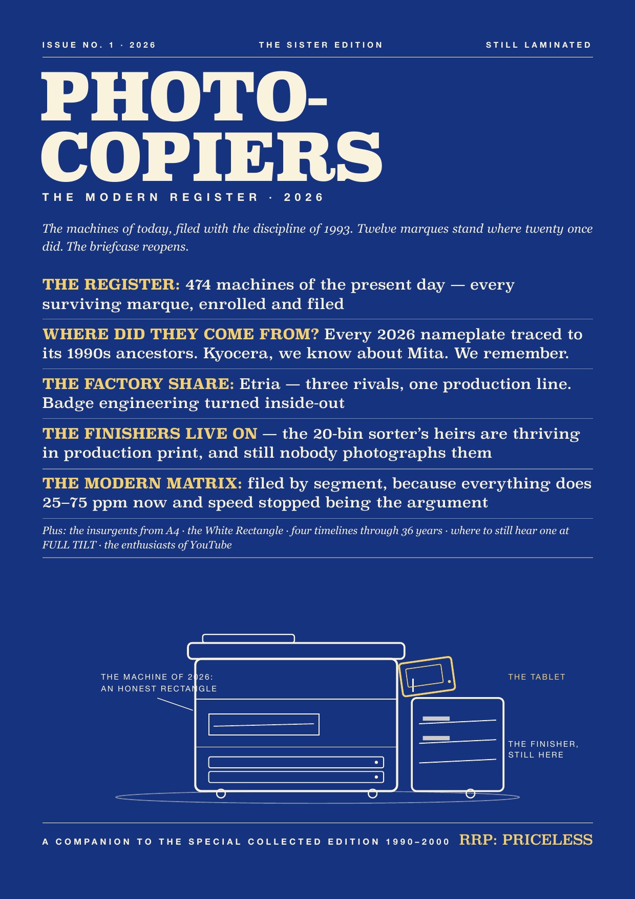 The royal-blue cover of PHOTOCOPIERS — The Modern Register, 2026, with cream line-art of a modern multifunction copier and gold cover lines