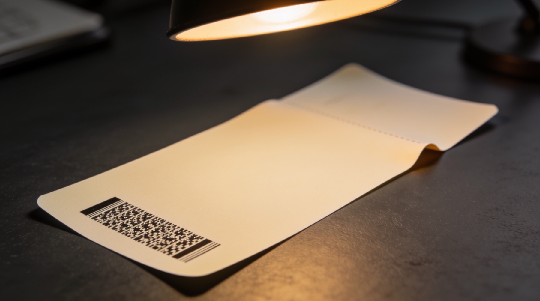 Extreme close-up of a paper boarding pass at an angle under warm desk light, the stacked bars of a PDF417 barcode in sharp focus, all printed text soft-blurred