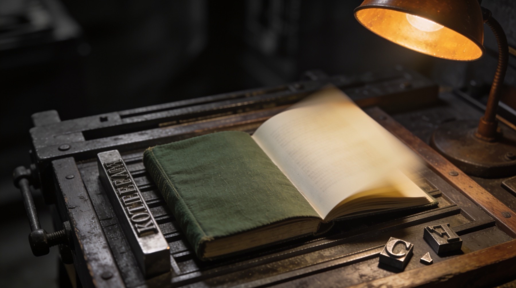 A small green clothbound book lying open on a printer's workbench under warm lamplight, its pages soft-blurred, typesetting tools beside it