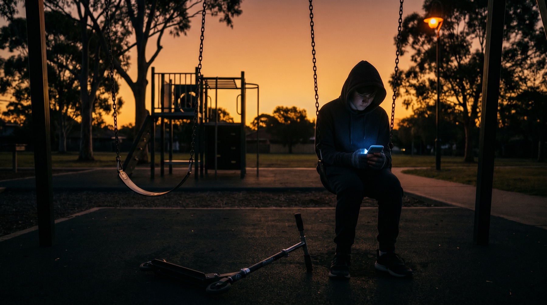 A hooded teenager sits on a playground swing at dusk, face lit only by their phone, a kick scooter dropped on the ground beside an empty swing