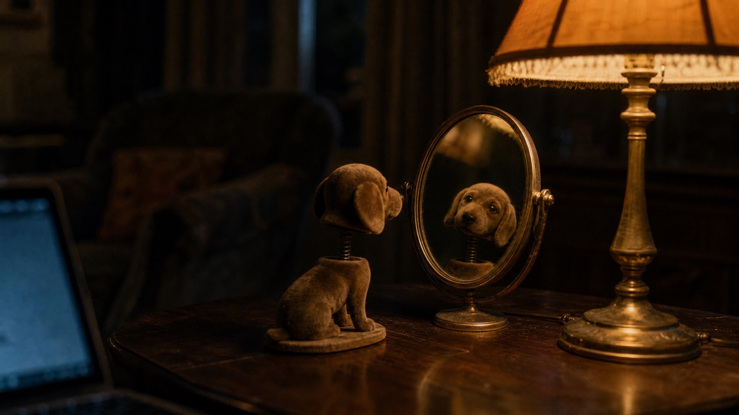 A flocked nodding-dog ornament on a lamplit side table, looking into a small brass mirror where its reflection nods back, with a laptop glowing at the edge of the frame
