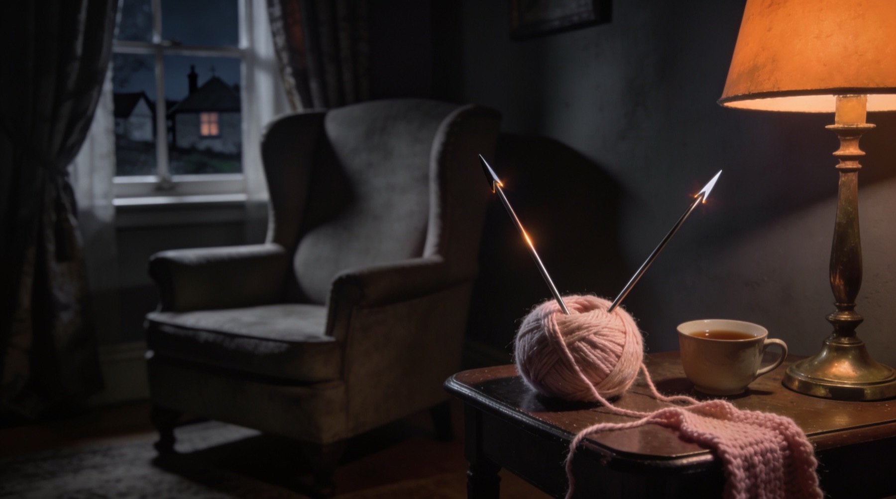 An empty wing-back armchair in a dark sitting room at night; on the side table under a brass lamp, a ball of pink wool with two steel knitting needles standing up through it, a cup of tea, and a lit window in the cottage across the lane