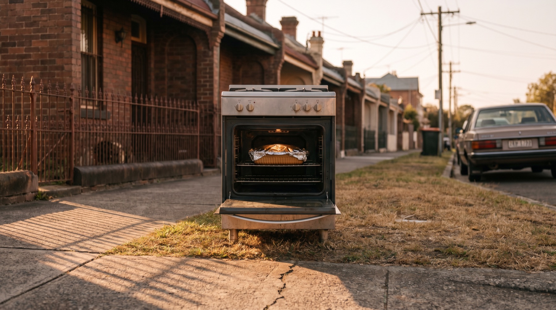 A discarded oven standing alone on a nature strip in front of terrace houses, door open, one foil-covered casserole dish sitting on the rack