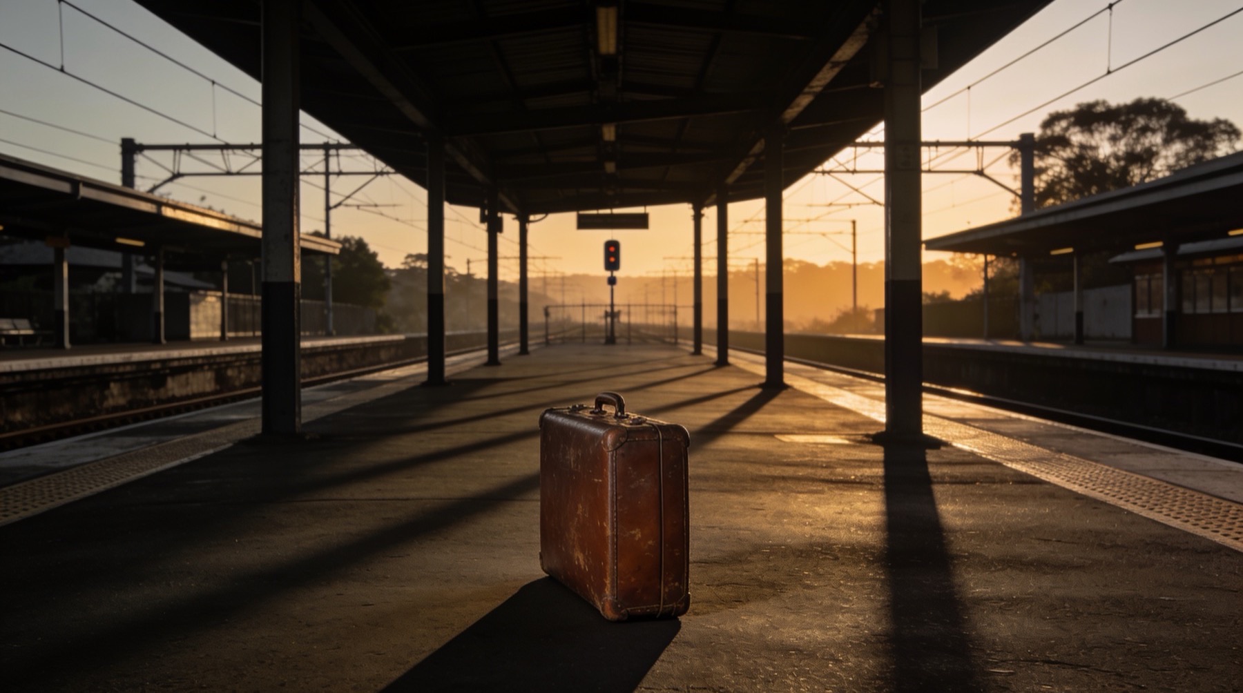 A battered leather suitcase standing alone on an empty suburban railway platform in late-afternoon light